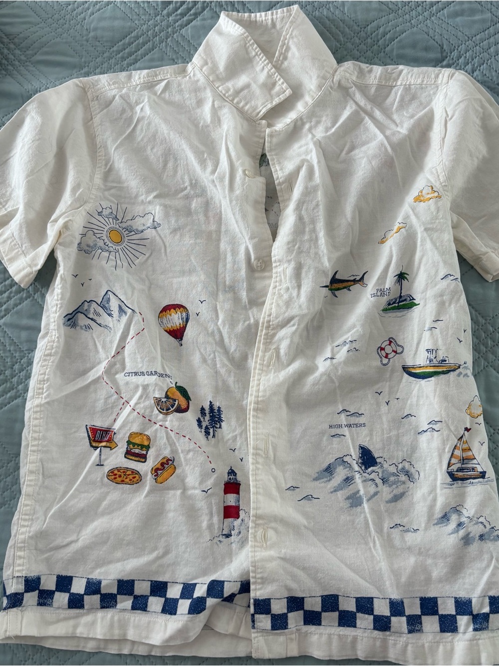 Old Navy White Short-Sleeve Embroidered Island Print Button-Down Shirt